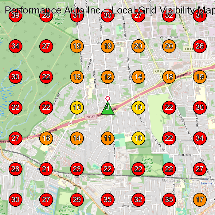Performance Auto Inc GeoGrid visibility map for Used Car Dealer in Bohemia